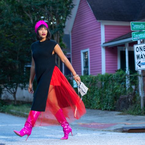 Boots Outfit- Hot Pink Boots, Tulle, Sweater Dress Fushia Boots Outfit, Pink Cowboy Boots Outfit Winter, Pink Boots Outfit Winter, Pink Boots Outfit Black Women, Hot Pink Boots Outfit, Pink Dress With Boots, Pink Booties Outfit, Pink Cowboy Boots Outfit, Pink Boots Outfit