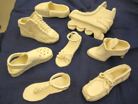 Ceramic Shoes (bisque) ~Smith Middle School, Mrs Morin Middle School Art Lessons, Imaginative Composition, Clay Shoes, Tape Sculpture, Ks3 Art, Ceramic Shoe, High School Ceramics, Ceramic Shoes, Clay Lesson