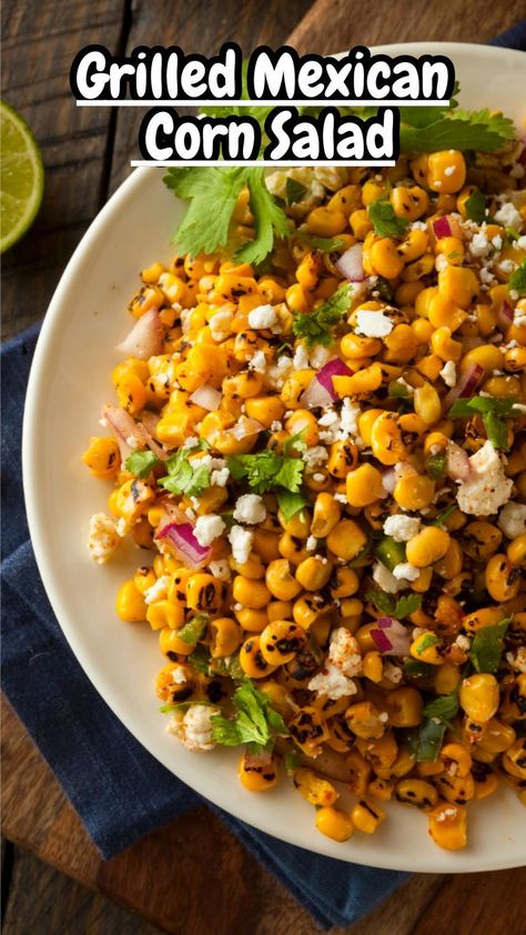 Grilled Mexican Corn Salad is a celebration of vibrant flavors and textures, showcasing the smoky sweetness of charred corn kernels combined with a medley of fresh ingredients. This refreshing salad features grilled corn tossed with creamy avocado chunks, juicy cherry tomatoes, crisp red onions, and fragrant cilantro, all dressed in a tangy lime vinaigrette with a hint of chili powder for a subtle kick. Cilantro Lime Corn Salad, Grilled Mexican Corn, Avocado Chunks, Charred Corn Salad, Chili Lime Corn, Sweetcorn Salad, Mexican Corn Salad, Charred Corn, Work Recipes