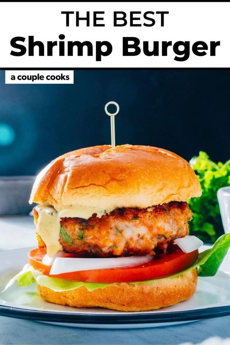 This shrimp burger recipe is juicy and so satisfying! Throw it on a bun with a creamy sauce or serve over greens for a tasty meal. Pop over to our site for the recipe! Shrimp Burger Recipe, Vegan Brunch Recipes, Best Fish Recipes, Shrimp Burger, On A Bun, Winter Salad Recipes, A Couple Cooks, Salad Dressing Recipes Healthy, Healthy Burger