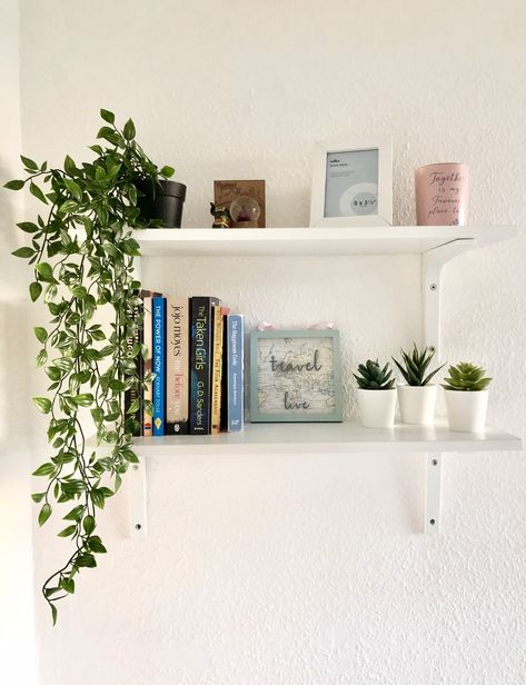 Hanging Plants Ikea, Hanging Shelves Ideas Bedroom, White Hanging Shelves Bedroom, Shelf With Hanging Plants, White Wall Shelves Bedroom, Shelve Inspo Aesthetic, Shelf Hanging Plants, Ikea Hanging Plant, Hanging Shelf With Plants