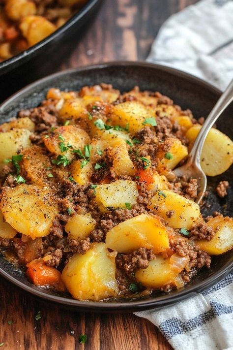 Hobo Casserole Rustic Ground Beef and Potato Bake Hobo Casserole, Beef Macaroni, Ground Beef And Potatoes, Budget Family Meals, Potato Bake, Beef And Potatoes, Beef Casserole Recipes, Comfort Dishes, Beef Casserole