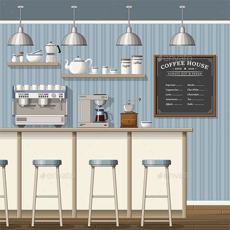 Classic Coffee Shop Design, Coffee Shop Interior Design Drawing, Coffee Shop Sketch Drawings, Coffee Bar Drawing, Coffee Shop Design Drawing, Coffee Bar Illustration, Cafe Interior Design Drawing, Shop Drawing Interior, Cafe Sketch Coffee Shop