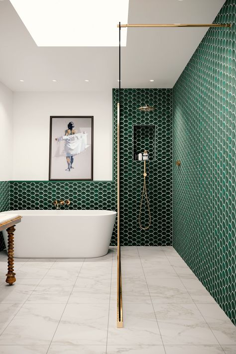 modern Bathroom on Behance Bathroom Wall Coverings, Green Tile Bathroom, Deco Bathroom, Bathroom Redesign, Bathroom Design Decor, Tile Shower Ideas, Bathroom Inspiration Decor, Upstairs Bathrooms, Green Bathroom