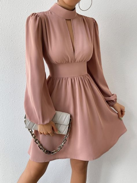 Long Sleeve Satin Dress, Rose Bonbon, Lantern Sleeve Dress, Dress For Short Women, Going Out Dresses, Lantern Sleeve, Long Sleeve Shirt Dress, Lantern Sleeves, Waist Dress