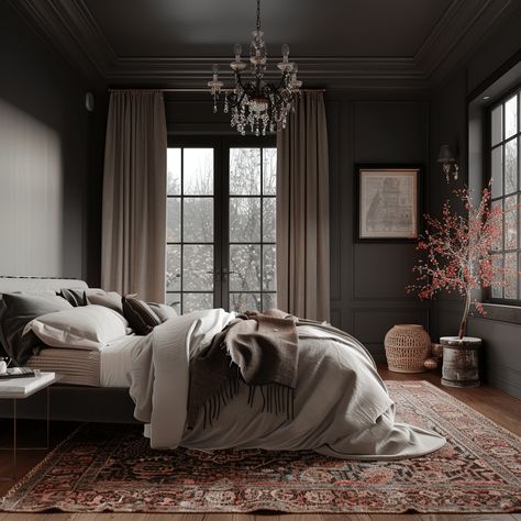 Dark Bedroom Vaulted Ceiling, Dark Gray Bedroom Walls Master Suite, Dark Paint Bedroom Walls, Dark Bedroom Doors, Master Bedrooms Dark Walls, Charcoal Gray Bedroom Walls, Dark Color Bedroom Ideas Paint Colours, Bedroom Inspirations Master With Dark Furniture, Dark Trim Bedroom