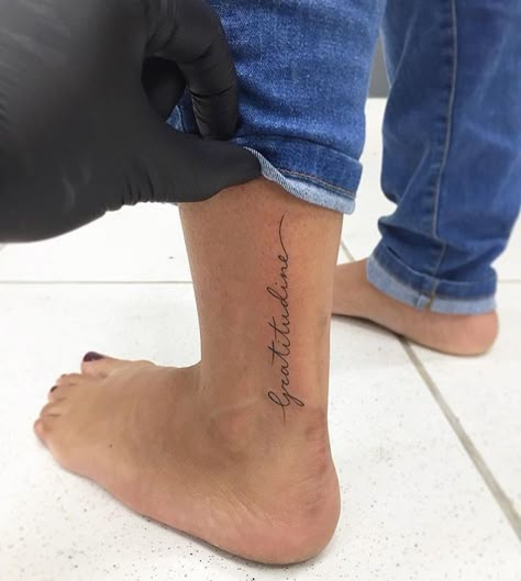 Word Tattoo On Ankle, Calf Writing Tattoo, Script Ankle Tattoo, Script Tattoo Placement Leg, Words On Ankle Tattoo, Writing Leg Tattoos Women, Name On Ankle Tattoo, Cursive Ankle Tattoo, Cutest Tattoo Placement