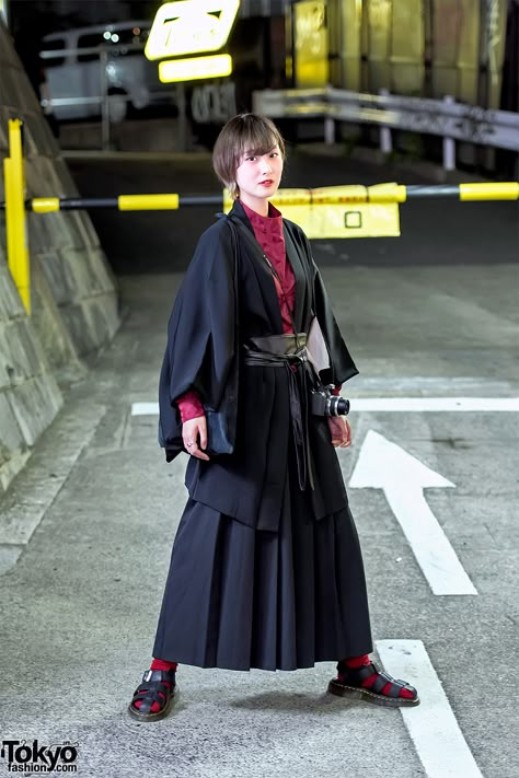 traditional Japanese clothing | Tokyo Fashion News Japanese College, Martens Sandals, Dr Martens Sandals, Hakama Pants, Japanese Traditional Clothing, Modern Kimono, Japanese Clothes, Oc Stuff, Dragon Fly