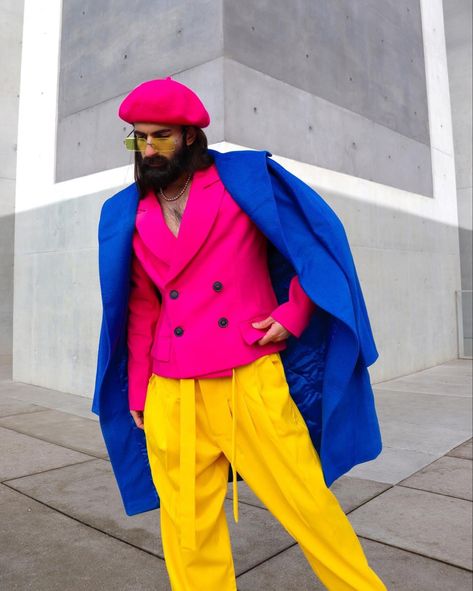 Color combination idea Neon Suit Men, Male Colorful Outfit, Analogous Color Scheme Fashion, Neon Party Outfits Men, Colorful Fashion Men, Analogous Outfit, Color Block Outfits, Mens Smart Outfits, Colorful Mens Fashion