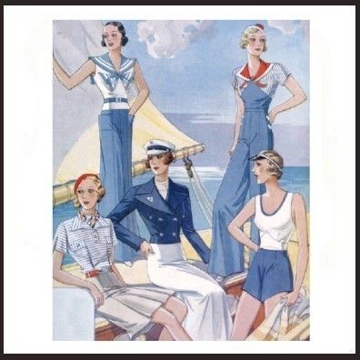 on the beach, 1920s style Sailing Fashion, 1930 Fashion, Vintage Sailor, Estilo Real, 30s Fashion, 20th Century Fashion, Sailor Fashion, Sailor Dress, Sailing Outfit