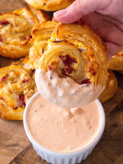 Reuben Pinwheels | 12 Tomatoes Reuben Pinwheels, Reuben Sliders, Homemade Thousand Island Dressing, Reuben Casserole, 12 Tomatoes Recipes, Thousand Island Dressing, 12 Tomatoes, Puff Pastry Sheets, Sweet Pickles