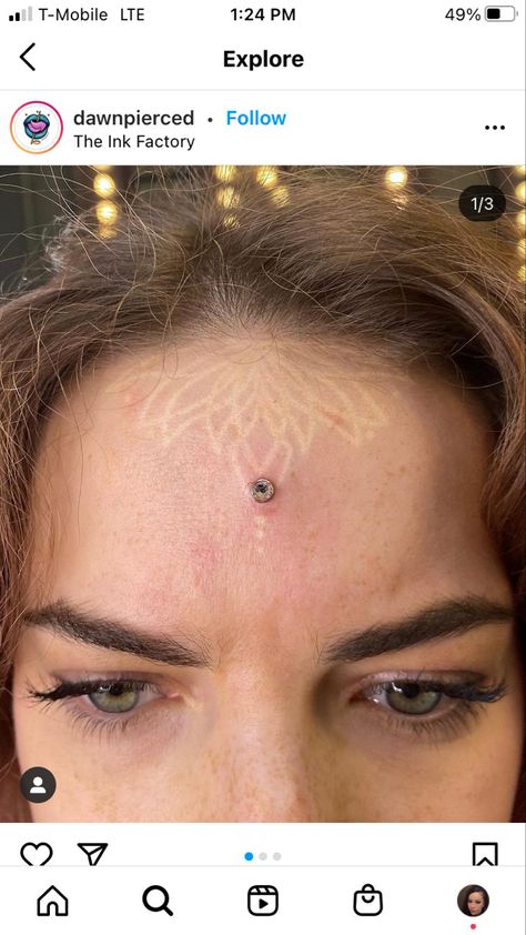 Face Tattoos For Women Forehead, Small Forehead Tattoo, Spiritual Face Tattoos, White Ink Face Tattoos For Women, White Ink Face Tattoo, Forehead Tattoo Woman, Forehead Dot Tattoo, Dainty Face Tattoos, Tiny Face Tattoos For Women