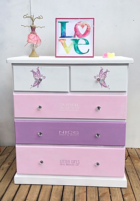 Beautiful chalk paint with raised stencilling, perfect for your little princess Girls Dresser Makeover, Painted Chest Of Drawers Ideas, Diy Chest Of Drawers, Girl Nightstand, Pastel Furniture, Chest Of Drawers Makeover, Furniture Flipping Business, Kids Dressing Table, Chest Of Drawers Design