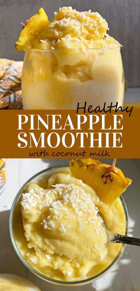 This healthy pineapple smoothie is thick, creamy and refreshing. It's made with frozen pineapple, coconut milk and even contains hidden veggies. This pineapple smoothie recipe is dairy free and a snack the whole family is sure to enjoy! #pineapple #smoothie Pineapple Smoothie Healthy, Smoothie With Coconut, Paleo Smoothie Recipes, Pineapple Coconut Smoothie, Smoothie Without Banana, Pineapple Smoothie Recipes, Gluten Free Snacks Healthy, Coconut Milk Yogurt, Coconut Milk Smoothie