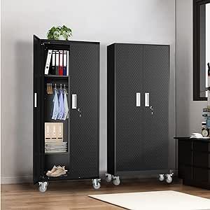 Metal Storage Cabinets Locker for Home Office, 72" Garage Storage Cabinet with Wheels, Lockable Doors and Shelves, Steel Wardrobe Cabinet with Hanging Rod for Bedroom,Garage,Employees,School,Gym Garage Storage Cabinet, Cabinet With Wheels, Steel Wardrobe, Home Lockers, Metal Storage Cabinets, Wardrobe Cabinet, School Gym, Wardrobe Cabinets, Garage Storage Cabinets