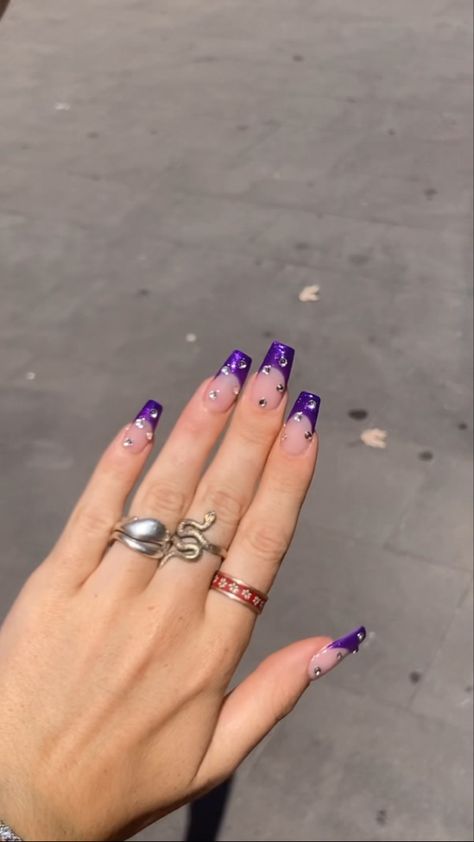 purple french tip acrylic nails with rhinestones Acrylic Nails With Rhinestones, Color French Tip, Nails With Rhinestones, Flamingo Nails, Almond Nail Art, Purple Acrylic Nails, Purple Nail Designs, Nails Design With Rhinestones, French Tip Acrylic Nails