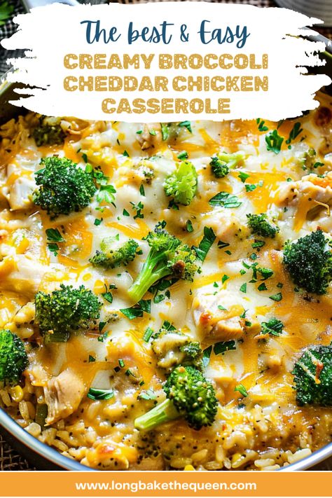 Dive into comfort with this Creamy Broccoli Cheddar Chicken Casserole! It's packed with tender chicken, fresh broccoli, and loads of melty cheddar cheese, all nestled in a creamy rice base. Perfect for a cozy family dinner, it's easy to make and even easier to love. Ready in just an hour, it's ideal for busy weeknights. Want to make dinner unforgettable? Pin this recipe now and give it a try tonight! Creamy Chicken With Broccoli Recipes, Brócoli Cheddar Casserole, Chicken Broccoli Rice Cheese Casserole In Instant Pot, Broccoli Chicken Rice Casserole With Rotisserie Chicken, White Rice Dinner Ideas, Cheesy Chicken Rice Broccoli Casserole, Broccoli Cheese Chicken Rice Casserole, Cheddar Broccoli Chicken And Rice, Cheese Chicken And Broccoli