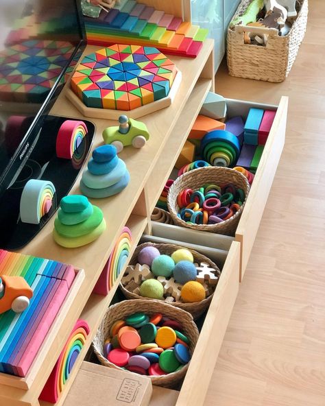 Jennifer • Open-ended play mum on Instagram: “Open-ended toys organization 🌈❤️✨ How and where do you store your open-ended toys? [Unpaid ad] Everybody has their own ideas and…” Toys Organization, Rainbow Toy, Reusable Nappies, Open Ended Toys, Open Ended Play, Reggio Emilia, Open Ended, Toy Organization, Montessori Toys