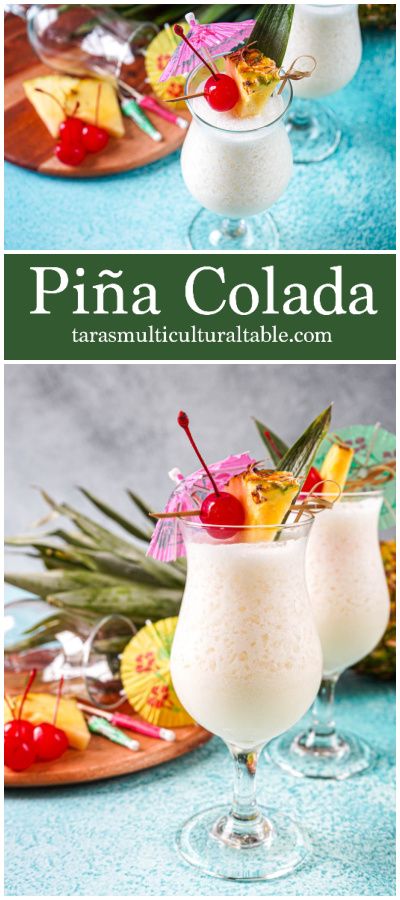 Piña Colada in two glasses with maraschino cherries, pineapple wedges, and paper umbrellas. Leftover Strawberries, Frozen Pina Colada, Pina Colada Recipe, Creamy Cocktails, Cocktail Umbrellas, Cherry Cocktail, Homemade Syrup, Tiki Cocktails, Beverage Recipes