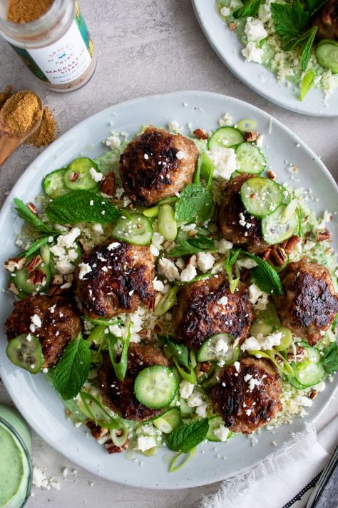 Moroccan Chicken Meatballs made with Spice Tribe "Marrakesh Sitar". Juicy and full of flavor. Served with couscous and a vibrant parsley yogurt sauce - The Original Dish, www.theoriginaldish.com Herb Couscous, Moroccan Spice Blend, Moroccan Meatballs, Quick Foods, Parsley Sauce, The Original Dish, Couscous Recipe, Iranian Cuisine, Moroccan Chicken