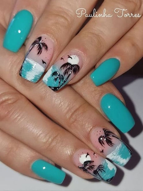 tropical nail design: turquoise beach Teal Palm Tree Nails, Dominican Republic Nail Designs, Beach Nails With Palm Trees, Beach Themed Nails Acrylic, Beach Design Nails, Tropical Nail Art The Beach, Beach Theme Nails Designs, Tropical Nails Acrylic, Island Nails Designs