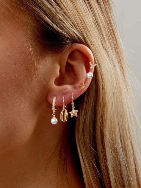 Shein Jewelry, Beachy Earrings, Ear Stacks, Earring Stacks, Earring Stack, Pretty Ear Piercings, Preppy Jewelry, Earring Inspo, Piercing Inspo