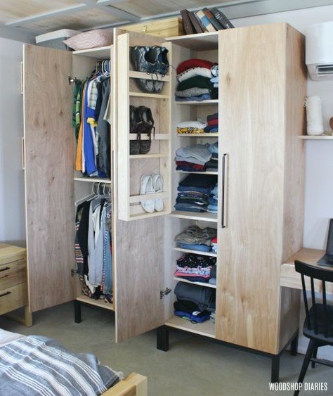 DIY Closet Cabinet Plans--With Clothes Rod, Adjustable Shelves, and a shoe rack built into the door Clothing Cabinet Ideas, Diy Clothes Cabinet, Diy Wardrobe Closet, Sofa Pull Out Bed, Float House, Desk Build, Organize Clothes, Diy Loft, Closet Organized