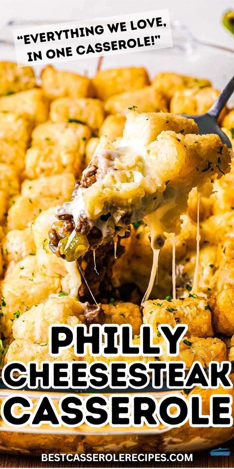 Philly Cheesesteak Tater Tot Casserole is a yummy beef dish. It's made with onions, green bell peppers, mushrooms, lots of cheese, and potato tater tots. It's a quick dinner idea for busy family nights. #groundbeefcasserole #cheesesteak #casserolerecipe #weeknightdinnerrecipe Meal With Tater Tots, Stuffed Potato Casserole, Potluck Casserole Ideas, Tater Tot Dinner Ideas, Potato Tots Recipes, Cheesesteak Tater Tot Casserole, Casserole With Tater Tots, Easter Beef Dinner Ideas, Potato Tot Casserole