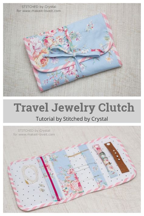 DIY Fabric Travel Jewelry Clutch Free Sewing Patterns Tutorial Diy Jewelry Travel Case, Diy Jewellery Pouch, Diy Jewelry Roll, Diy Jewelry Bags, Jewelry Travel Bag, Simple Sewing Tutorial, Sewing Tutorials Bags, Jewelry Roll Travel, Diy Fabric Jewellery