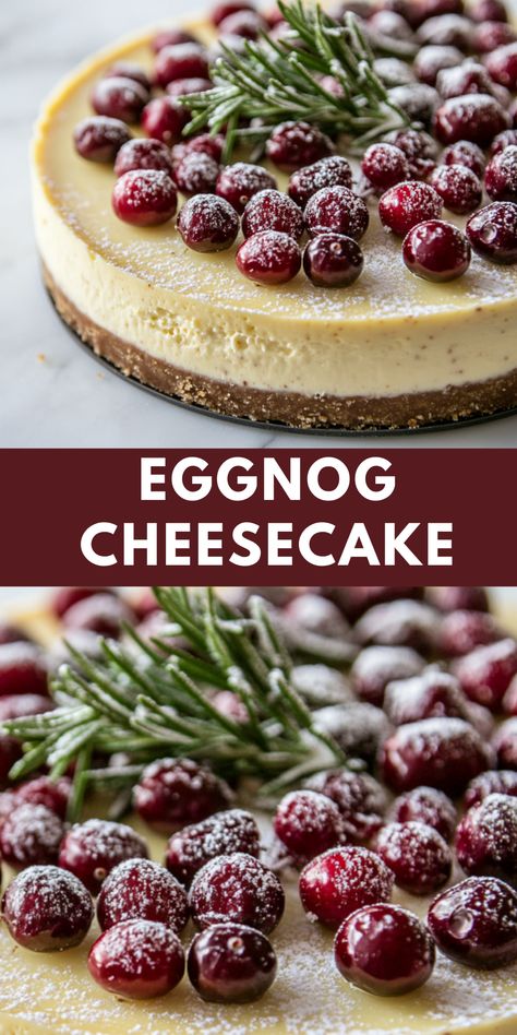 If you love eggnog, then this Eggnog Cheesecake is about to become your new holiday favorite! 🎁 This rich and creamy cheesecake is infused with classic warm spices, velvety eggnog, and a buttery graham cracker crust—making every bite taste like Christmas! ❄️✨

Whether you're hosting a holiday gathering or just want to treat yourself, this festive dessert is sure to impress. Easy to make, indulgently smooth, and full of holiday cheer, this cheesecake is a must-try! Save this recipe and bring the joy of the season to your table!

#EggnogCheesecake #HolidayBaking #ChristmasDesserts #FestiveFlavors #CheesecakeLovers Eggnog Cheesecake Recipe, Eggnog Cheesecake, Creamy Eggnog, Homemade Eggnog, Cheesecake Lovers, Festive Desserts, Cracker Crust, Christmas Treat, Holiday Dessert