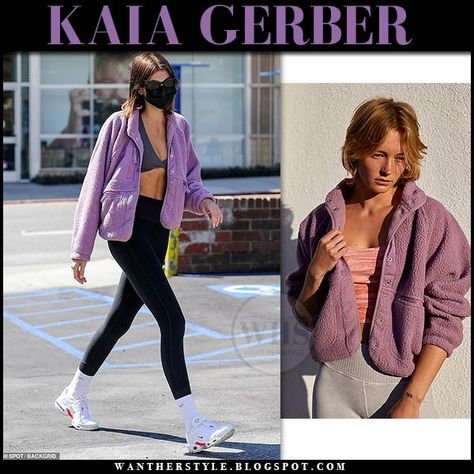 Kaia Gerber in purple fleece jacket and black leggings on March 12 2021 Purple Fleece Jacket Outfit, Kaia Gerber Blazer Outfit, Cardigan And Leggings Outfit, Kaia Gerber Outfits Workout, Kaia Gerber Free People Jacket, Kaia Gerber Style Paparazzi, Kaia Gerber Leather Jacket, Fleece Jacket Outfit, Alo Yoga Leggings