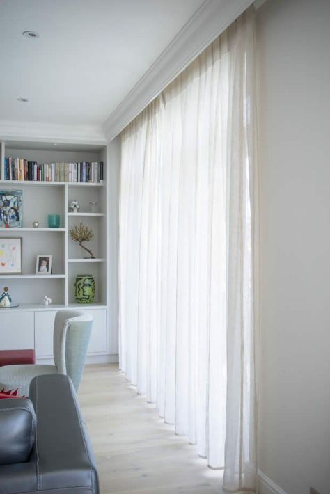 voile curtain with concealed header. neat finish: Valance With Blinds, Bifold Curtains, Curtains For Bifold Doors, Lounge Curtains, Curtain Pelmet, Kitchen Window Valances, Bifold Door, Ceiling Curtains, Curtains Window