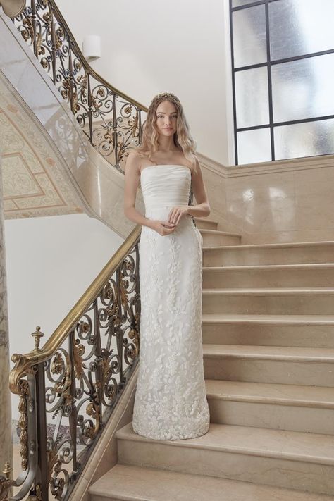 Sareh Nouri - Willow | Sareh Nouri Lace Column Wedding Dress, Straight Neckline Wedding Dress, Floor Length White Dress, Sareh Nouri Wedding Dress, Sareh Nouri Bridal, Straight Wedding Dresses, Holiday Shoot, Pink Fabrics, Sareh Nouri