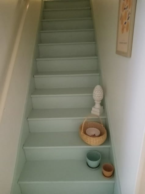 Boho green staircase reno Sage Green Stairway, Green Painted Stairs, Stairs 2023, Stair Case Ideas, Green Staircase, Green Stairs, Stairs Painted, Cottage Stairs, Painted Floorboards