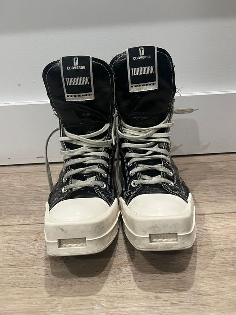 Rick Owens DRKSHDW Patent Leather Chuck Taylor’s Rick Owens Converse, Leather Chuck Taylors, Rick Owens Shoes, Converse Hi, Taylor S, Rick Owens Drkshdw, Hype Shoes, Custom Clothing, Men's Footwear