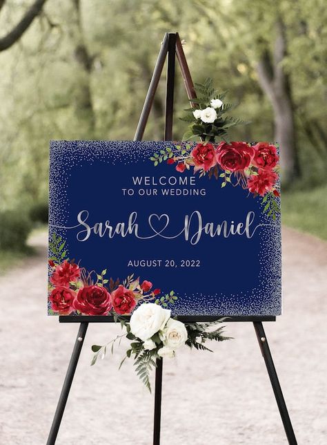 Navy And Red Wedding, Navy Red Wedding, Large Welcome Sign, Blue Red Wedding, Navy Blue Wedding Theme, Wine Red Wedding, Burgundy Wedding Theme, Navy Blue And Gold Wedding, 50th Anniversary Decorations