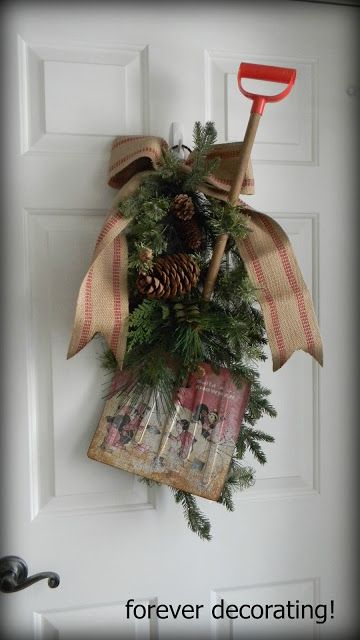 Winter Door Decor! Shovel Decor, Winter Door Decoration, Christmas Tree Bucket, Winter Door Decor, Door Ornament, Winter Door Decorations, Nutcracker Decor, Burlap Christmas Tree, Winter Door