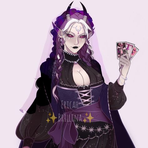 Witch Oc Design, Dark Witch Character Design, Dnd Tiefling Oc, Dnd Witch Character, College Of Spirits Bard, Dnd Goth, Tiefling Bard Female, Dnd Oc Ideas, Purple Tiefling Female