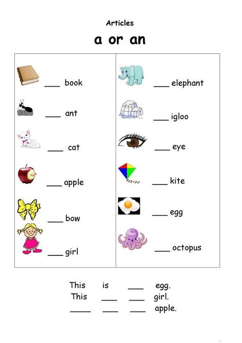 A and An Worksheets Free Printable for Beginner | Learning Printable Indefinite Articles, Ingles Kids, Articles Worksheet, English Grammar For Kids, English Worksheets For Kindergarten, Grammar For Kids, Nouns Worksheet, Teaching English Grammar, Learning English For Kids