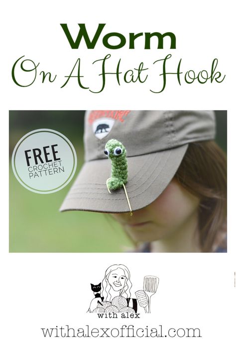 Worm On A Hat Hook is a free and cute crochet pattern. Super easy and quick to make! Perfect gift for that fishing lover in your life or for craft fairs and markets.  #crochetworm #amigurumi #freecrochetpattern #fishing Crochet With Fishing Line, Crochet Fishing Rod Free Pattern, Crochet Fishing Hat Free Pattern, Crochet Fishing Lure Pattern, Crochet Worm, Crochet Fishing, Hook Crochet, Hat Hook, Crochet Fish