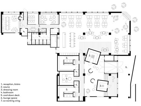 Studio Puisto create "neighborhood sauna" in a former industrial building Spa Plan Design, Small Spa Floor Plan, Hotel Spa Plan, Sauna Floor Plan, Spa Plan, Tampere Finland, Communal Living, Small Spa, Bar Plans