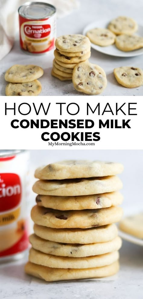 Here's how to make chewy condensed milk cookies with chocolate chips! This recipe is so easy to make and the cookies are so soft and chewy. Snacks With Condensed Milk, Easy Recipes With Sweetened Condensed Milk, Sweeten Condensed Milk Recipe, Recipes With Evaporated Milk, Recipe With Sweetened Condensed Milk, Cookie Recipes Condensed Milk, Condensed Milk Recipes Easy, Homemade Hot Chocolate Recipe, Condensed Milk Desserts