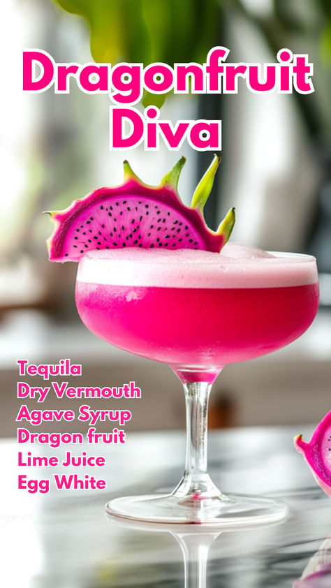 Dragonfruit Diva Dragonfruit Cocktail, Dragon Fruit Cocktail, Vermouth Cocktails, Cocktail Cards, Vermouth Cocktail, Winter Holiday Recipes, Aesthetic Dinner, Iced Drinks Recipes, Mix Drinks