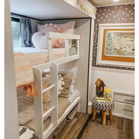 Rv Bunk Room Renovation, Road Schooling, Rv Bunk Beds, Bunk Room Ideas, Rv Interior Remodel, Escape Pod, Kids Shared Bedroom, Bunk Rooms, Diy Camper Remodel