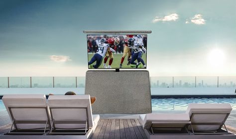 Entertaining and relaxing on a patio has always been one of summers greatest pleasures, but outdoor TV's are quite expensive so we created a solution. Use a regular indoor TV using an Outdoor TV cabinet with a built in TV Lift mechanism. Our waterproof TV cabinet keeps that TV protected all year round and simply press the remote control button to raise it into view. Once finished watching TV simply press the down button and the TV lowers inside the cabinet to be hidden away and protected from th Outdoor Tv Lift Cabinet, Tv Outside, Pop Up Tv Cabinet, Built In Tv, Tv Lift Mechanism, Outdoor Tv Cabinet, Motorized Tv Lift, Tv Lift Cabinet, Tv Lift