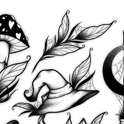 Halloween Leaf Tattoo, Spooky Leaves Tattoo, Witchy Tattoo Flash Sheet, Spooky Rose Tattoo, Occult Flash Tattoo, Witch Hat Tattoo Design, Dark Leaf Tattoo, Spooky Nature Tattoo, Mushroom Tattoo Flash