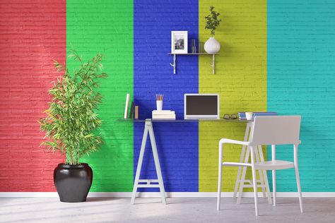 Office with wide, multi-colored stripes painted on a brick wall ©Robert Kneschke - stock.adobe.com Creative Wall Painting Ideas, Paint My Room, Creative Wall Painting, Wall Painting Ideas, Office Space Design, Large Stencils, Budget Decor, Colour Colour, Chinoiserie Wallpaper