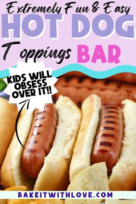 This hot dog bar is the perfect way to feed a crowd at parties or any special occasion you plan on having a lot of guests! Everyone will love building their own hotdogs using a variety of meat, vegetables, cheese, condiments, and more at this DIY hot dog buffet! You can even save time on the day of the party by preparing all of the toppings in advance! BakeItWithLove.com #bakeitwithlove #hotdogs #partyideas #buffet #grill #condiments Hotdogs For Birthday Party, How To Serve Hotdogs At A Party, Hotdogs Bar Ideas, Chili Dog Buffet Bar Ideas, Weenie Roast Party Ideas, Hot Dog Station Birthday Parties, Hot Dogs For A Crowd Parties, Hamburger And Hot Dog Party Ideas, Hot Dog Bar Ideas Toppings