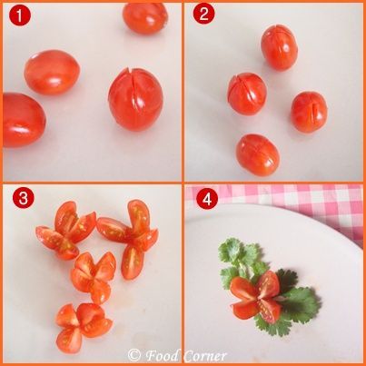 Cherry Tomato Flowers-Easy Plate Garnish Idea: Decorating Plates For Food, Fruit Plate Ideas, Salted Tomatoes, Vegetable Garnishes, Vegetable Garnish, Garnishing Ideas, Plate Garnish, Garnish Ideas, Food Garnish