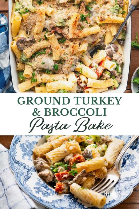 The ultimate comfort food! This ground turkey pasta bake is loaded with broccoli, mushrooms, sundried tomatoes, Alfredo sauce, herbs, and plenty of gooey, melty cheese. It's an easy dinner that the whole family will love! Ground Turkey Pasta Bake, Turkey Pasta Bake, Ground Turkey Pasta, Broccoli Pasta Bake, Turkey Pasta, Turkey Casserole, Baked Veggies, Ground Italian Sausage, Baked Pasta Recipes